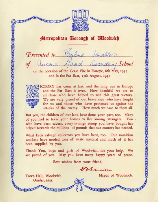 Framed Print : Certificate to schoolchildren from Mayor of Woolwich, WW2 Framed Print : Certificate to schoolchildren from Mayor of Woolwich, WW2