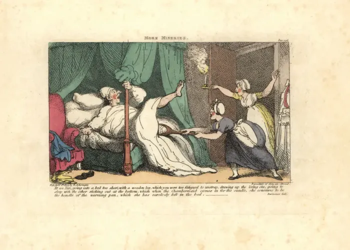Framed Print : Chambermaid pulling on a sleeping guests wooden leg Framed Print : Chambermaid pulling on a sleeping guests wooden leg