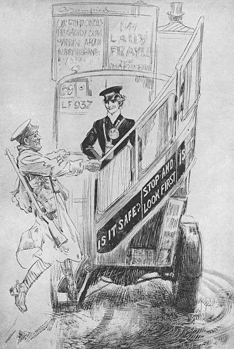 Framed Print : Chancing It, WW1 London bus with woman conductor Framed Print : Chancing It, WW1 London bus with woman conductor