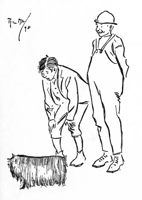 Framed Print : Two chaps unsure which end of a hairy dog is which Framed Print : Two chaps unsure which end of a hairy dog is which