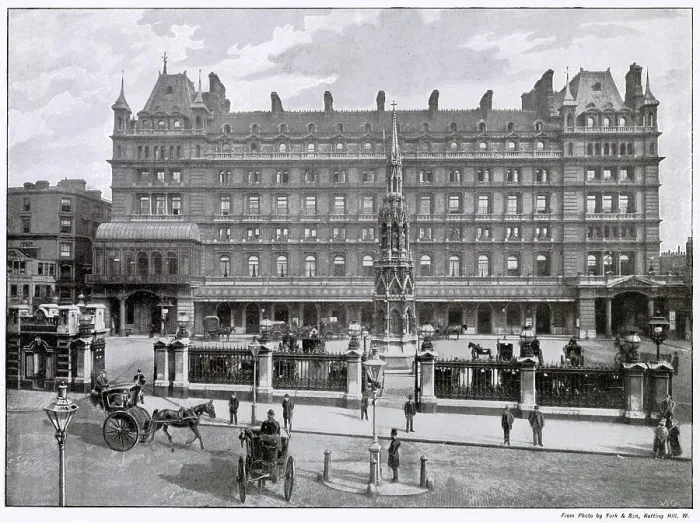 Framed Print : The Charing Cross Hotel with entrance to the station obtained from the large yard, which had lots of horse driven hansom cabs outside. Date: 1896 Framed Print : The Charing Cross Hotel with entrance to the station obtained from the large yard, which had lots of horse driven hansom cabs outside. Date: 1896