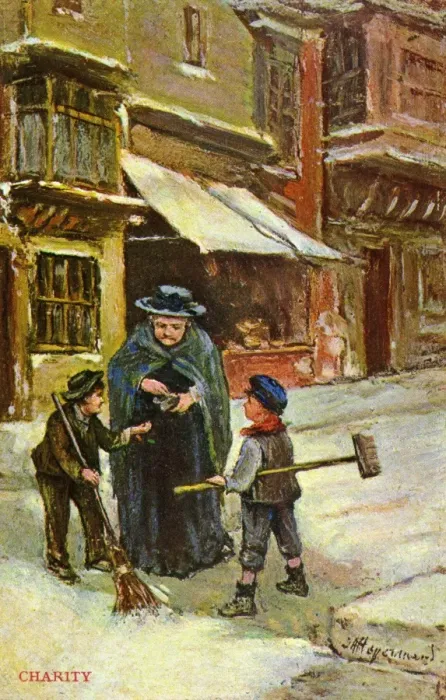 Framed Print : Charity. An old lady gives some coins from her purse to two needy street urchins