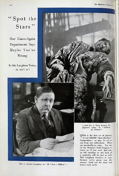 Charles Laughton, Tetsu Komai, actors, theatrical portraits. Captioned, This is Charles Laughton, in 'If I had a Million', and this is Tetsu Komai, the Japanese actor, in 'Soldiers of Fortune'