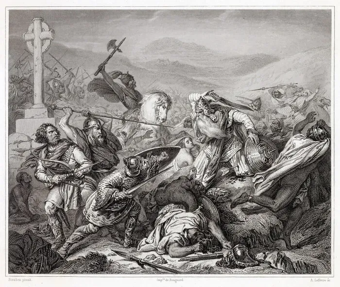 Framed Print : Charles Martel halts the advance of the Saracen forces at the Battle of Tours. Date: 10th October 732 Framed Print : Charles Martel halts the advance of the Saracen forces at the Battle of Tours. Date: 10th October 732