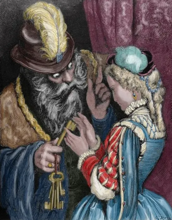 Framed Print : Charles Perrault (1628-1703). French writer. Bluebeard. Engr Framed Print : Charles Perrault (1628-1703). French writer. Bluebeard. Engr