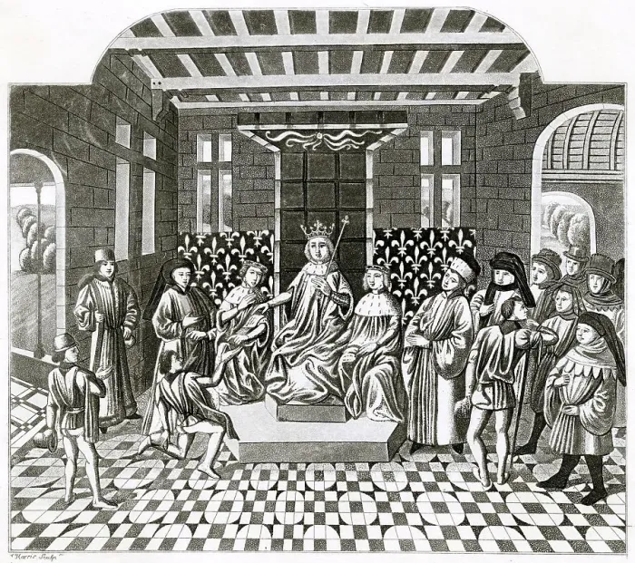 Framed Print : CHARLES V LE SAGE (WISE) King of France Perceiving the approach of Death, he recommends to his brothers his Family and Kingdom. Date: 1337 - 1380 Framed Print : CHARLES V LE SAGE (WISE) King of France Perceiving the approach of Death, he recommends to his brothers his Family and Kingdom. Date: 1337 - 1380