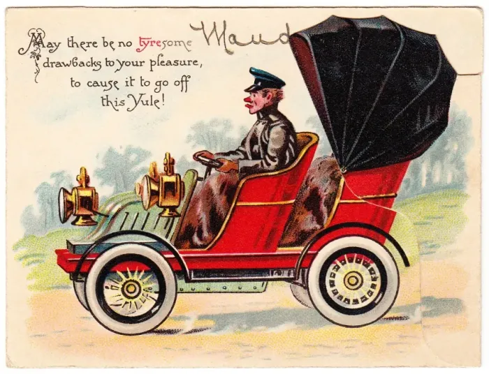 Framed Print : Chauffeur driving red car on a Christmas card Framed Print : Chauffeur driving red car on a Christmas card