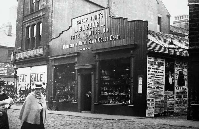Framed Print : Cheap John's Bazaar, Hammerton Street, Burnley, early 1900s Framed Print : Cheap John's Bazaar, Hammerton Street, Burnley, early 1900s