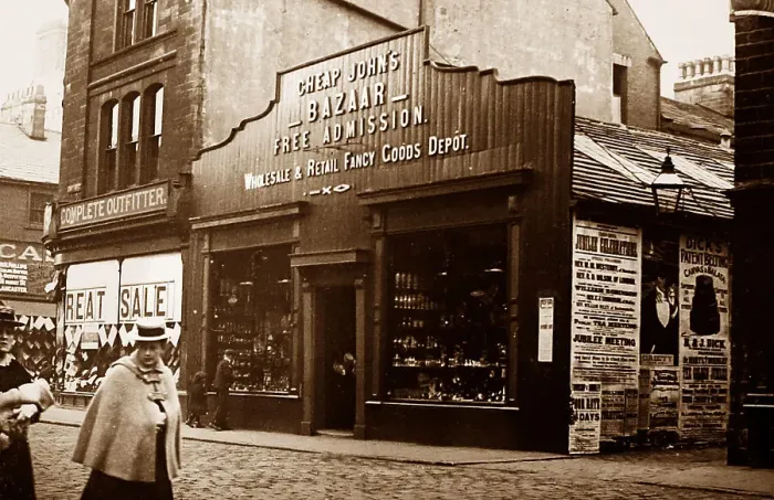 Framed Print : Cheap John's Bazaar, Hammerton Street, Burnley, early 1900s Framed Print : Cheap John's Bazaar, Hammerton Street, Burnley, early 1900s
