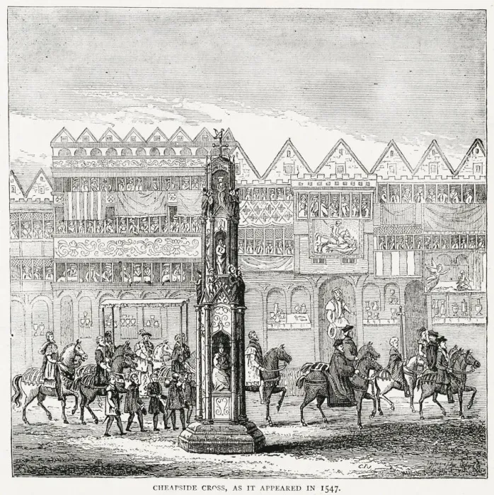 Framed Print : Cheapside Cross as it appeared in 1547, depicted here on the occasion of the Coronation Framed Print : Cheapside Cross as it appeared in 1547, depicted here on the occasion of the Coronation