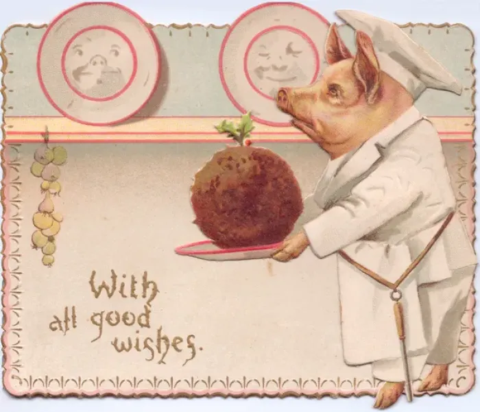 Framed Print : Chef pig with pudding on a Christmas card Framed Print : Chef pig with pudding on a Christmas card