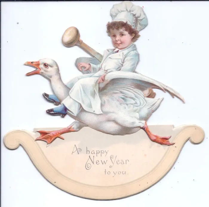 Framed Print : Chef riding a goose on a movable New Year card Framed Print : Chef riding a goose on a movable New Year card