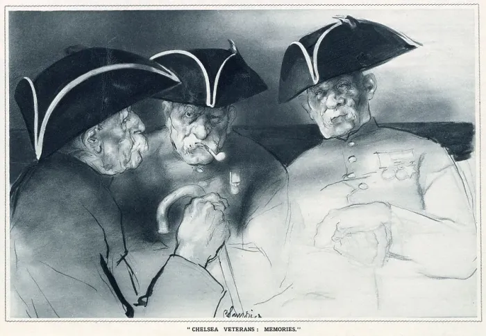Framed Print : Chelsea Veterans: Memories. Illustration showing ChelseaPensioners sitting and reminiscing on past memories, perhaps from the war. Date: 1933 Framed Print : Chelsea Veterans: Memories. Illustration showing ChelseaPensioners sitting and reminiscing on past memories, perhaps from the war. Date: 1933