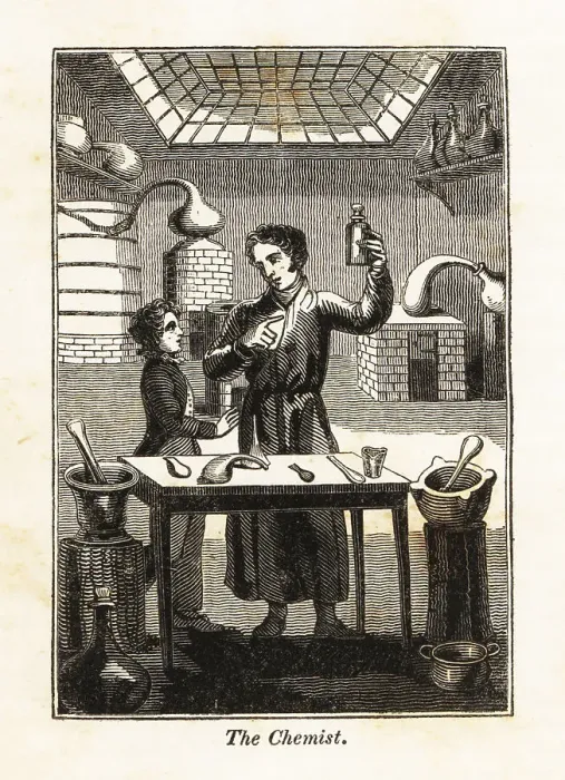 Framed Print : Chemist holding up a flask at a table in a laboratory Framed Print : Chemist holding up a flask at a table in a laboratory
