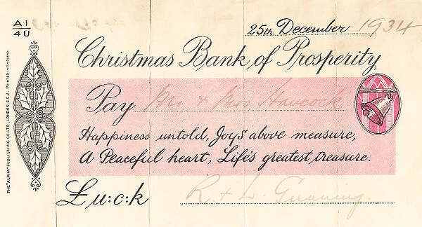 Cheque from the Christmas Bank of Prosperity