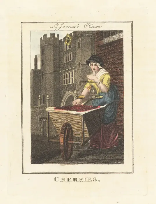 Framed Print : Cherry seller in front of St. James's Place, London, June, 1805 Framed Print : Cherry seller in front of St. James's Place, London, June, 1805
