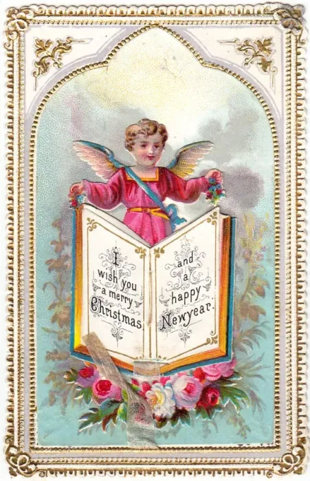 Framed Print : Cherub with book and roses on a Christmas card Framed Print : Cherub with book and roses on a Christmas card