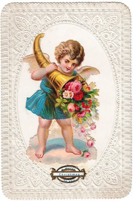 Framed Print : Cherub with cornucopia of flowers on a Christmas card Framed Print : Cherub with cornucopia of flowers on a Christmas card