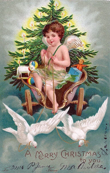 Cherub with doves and chariot on a Christmas postcard