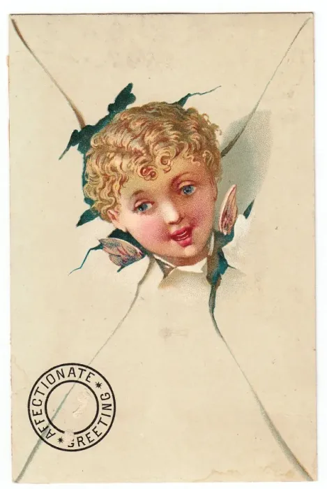 Framed Print : Cherub with envelope on a greetings card Framed Print : Cherub with envelope on a greetings card