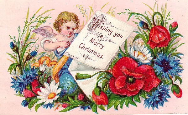 Cherub with flowers on a Christmas card