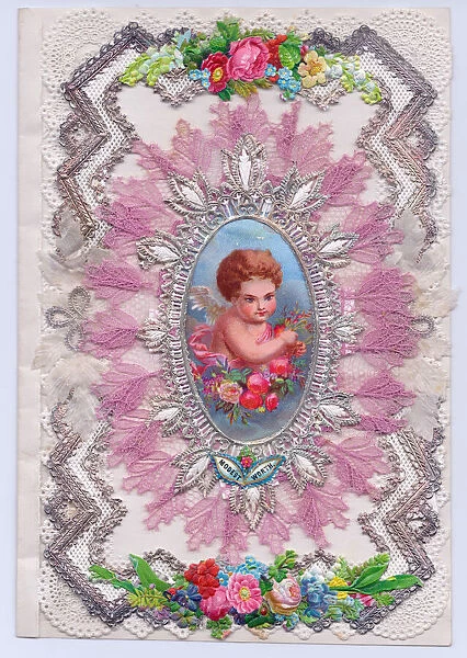 Cherub with flowers on a paper lace greetings card