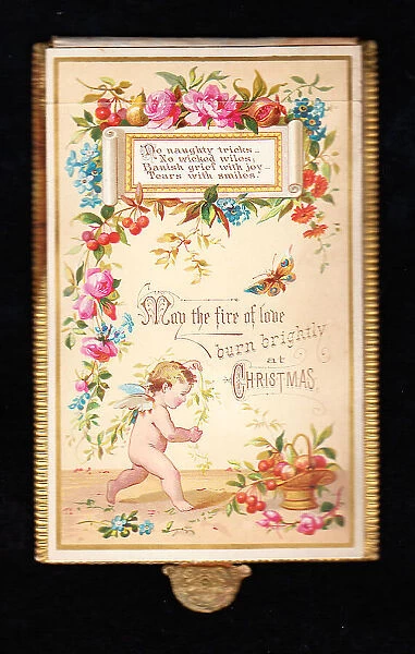 Cherub with fruit and flowers on a Christmas card