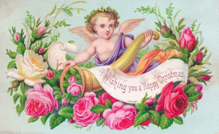 Framed Print : Cherub with pink roses on a Christmas card Framed Print : Cherub with pink roses on a Christmas card