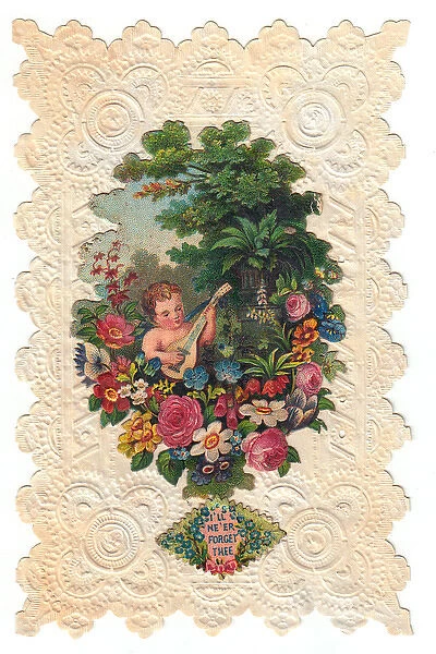 Cherub playing mandolin on a floral greetings card