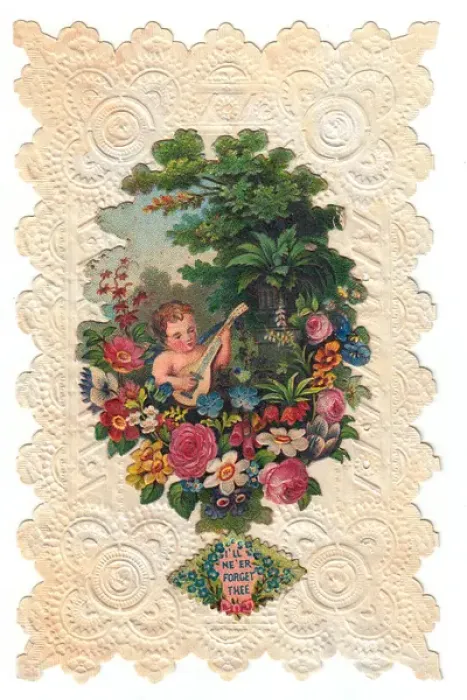 Framed Print : Cherub playing mandolin on a floral greetings card Framed Print : Cherub playing mandolin on a floral greetings card