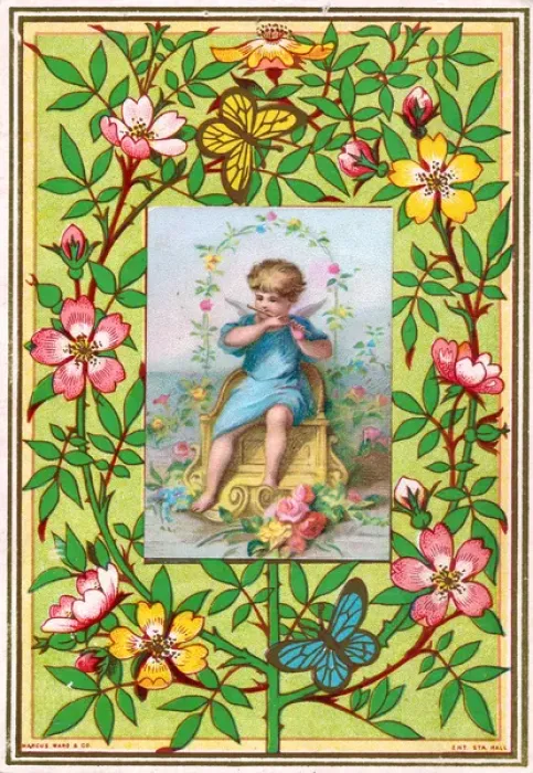 Framed Print : Cherub playing pipe on a floral greetings card Framed Print : Cherub playing pipe on a floral greetings card
