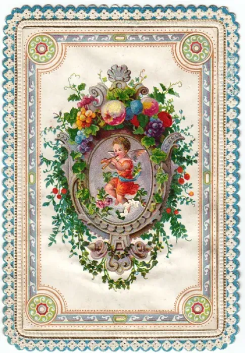 Framed Print : Cherub playing a pipe on a greetings card Framed Print : Cherub playing a pipe on a greetings card
