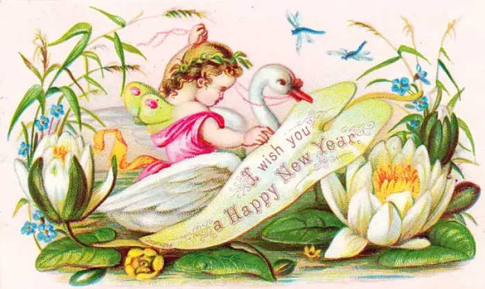 Framed Print : Cherub riding a swan on a New Year card Framed Print : Cherub riding a swan on a New Year card
