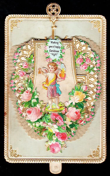 Cherub surrounded by roses on a Christmas card