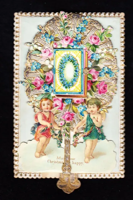 Framed Print : Two cherubs with flowers on a Christmas card Framed Print : Two cherubs with flowers on a Christmas card