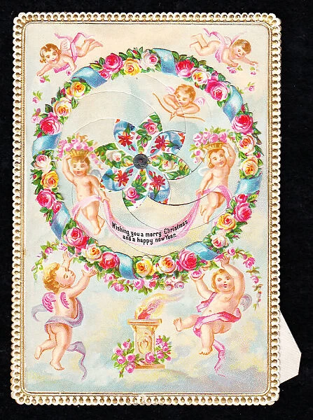 Cherubs with flowers on a Christmas and New Year card