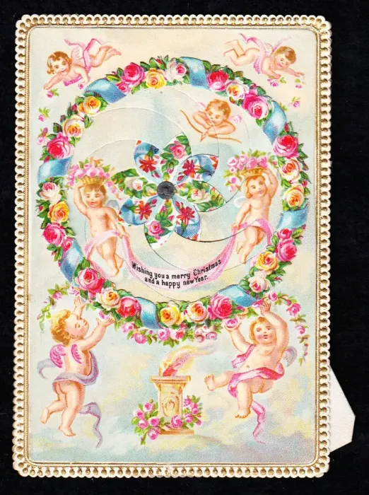Framed Print : Cherubs with flowers on a Christmas and New Year card Framed Print : Cherubs with flowers on a Christmas and New Year card
