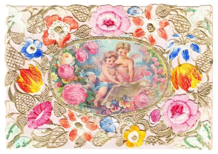 Framed Print : Cherubs with flowers on a paper lace greetings card Framed Print : Cherubs with flowers on a paper lace greetings card
