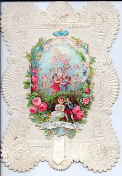 Framed Print : Cherubs and roses on a Christmas card Framed Print : Cherubs and roses on a Christmas card