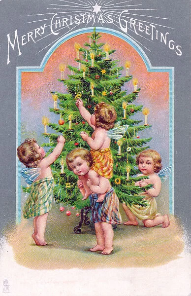 Cherubs with tree on a Christmas postcard