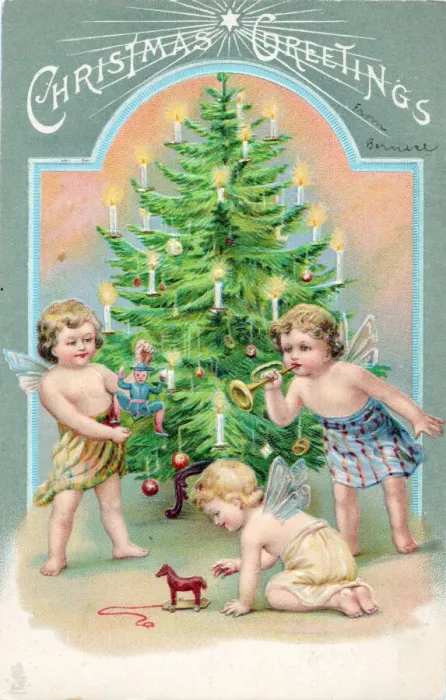 Framed Print : Cherubs with tree and presents on a Christmas postcard Framed Print : Cherubs with tree and presents on a Christmas postcard