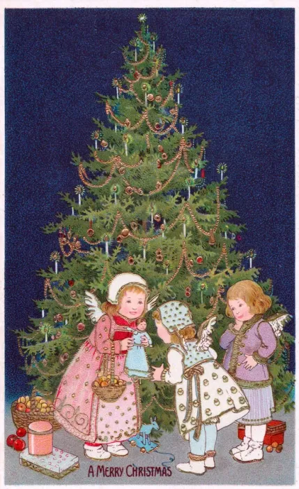 Framed Print : Cherubs with tree and presents on a Christmas postcard Framed Print : Cherubs with tree and presents on a Christmas postcard