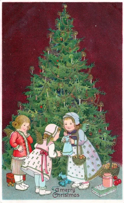 Framed Print : Cherubs with tree and presents on a Christmas postcard Framed Print : Cherubs with tree and presents on a Christmas postcard