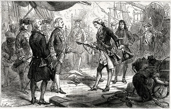 The Chevalier de Saint-George of the ship Invincible surrenders his sword to Admiral