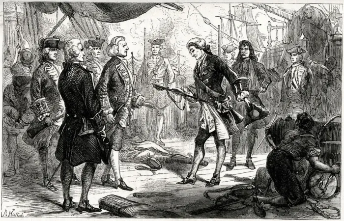 Framed Print : The Chevalier de Saint-George of the ship Invincible surrenders his sword to Admiral Framed Print : The Chevalier de Saint-George of the ship Invincible surrenders his sword to Admiral