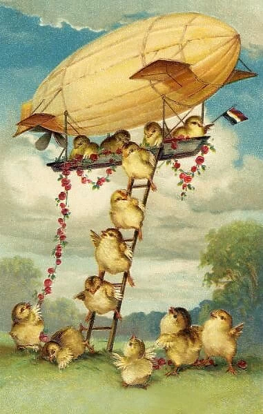 Chick and Airship. Chicks descend from an airship by ladder