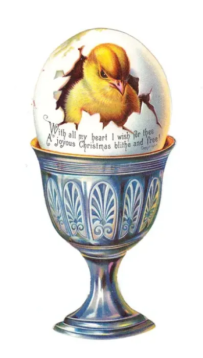 Framed Print : Chick in an eggcup on a cutout Christmas card Framed Print : Chick in an eggcup on a cutout Christmas card