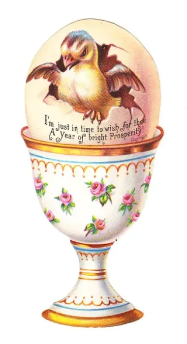Framed Print : Chick in an eggcup on a cutout New Year card Framed Print : Chick in an eggcup on a cutout New Year card