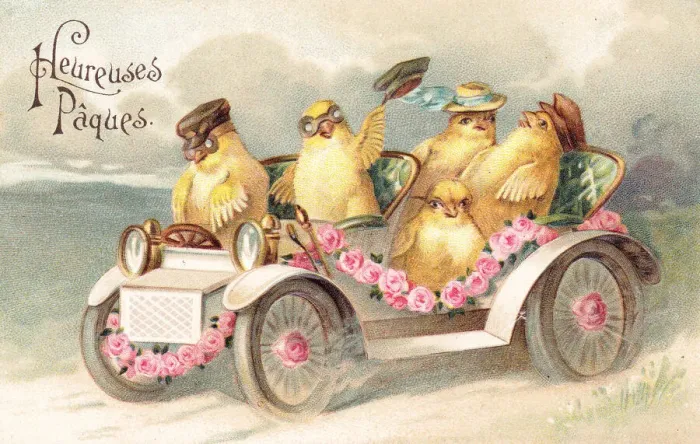 Framed Print : Chicks in a car on a French Easter postcard Framed Print : Chicks in a car on a French Easter postcard