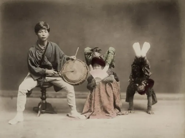 Framed Print : Child acrobats, drummer, street entertainers, Japan Framed Print : Child acrobats, drummer, street entertainers, Japan